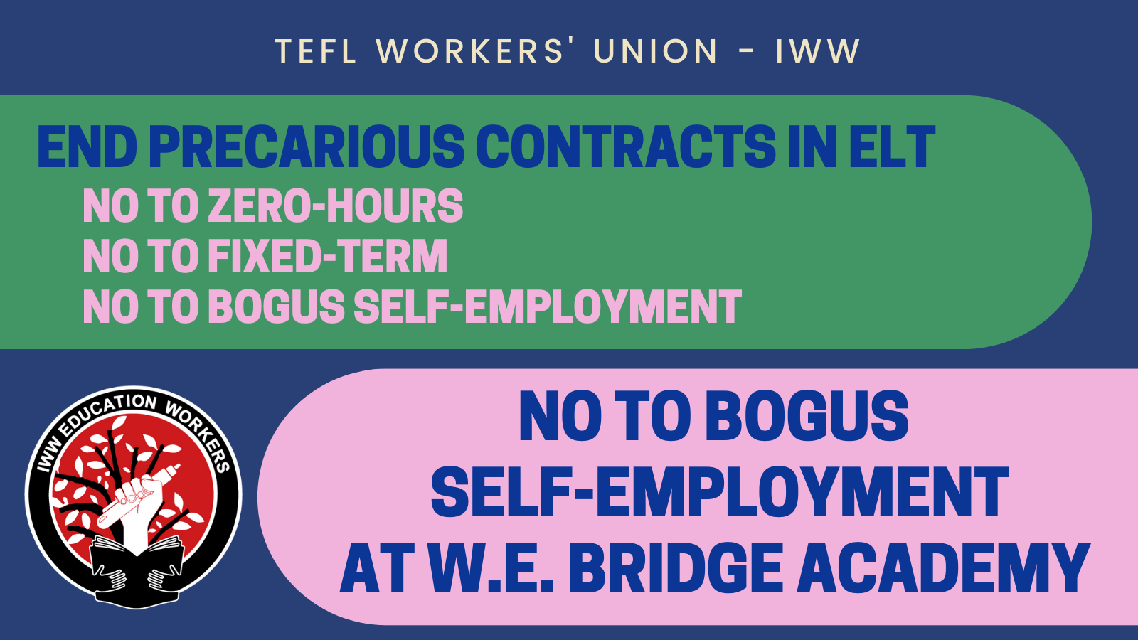 Image says "stop precarious contracts in ELT, no to zero-hours, no to fixed-term, not to bogus self-employment." Below that it says "no to bogus self-employment at W.E. Bridge Academy"