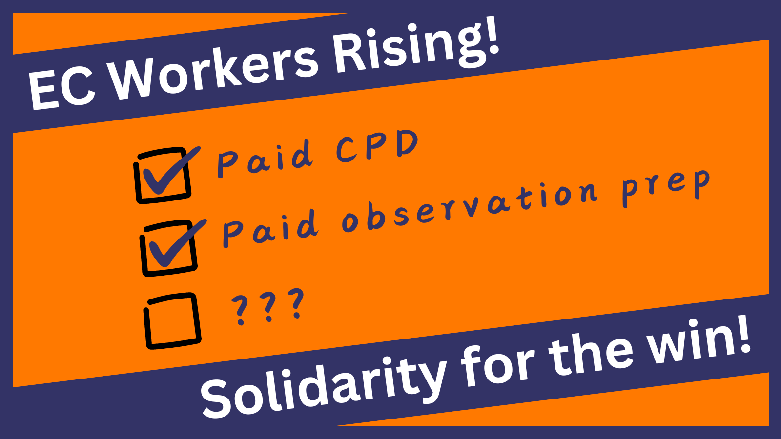 Image reads: EC Workers Rising, solidarity for the win. And has two tick boxes, one with paid CPD and the other with paid observation prep