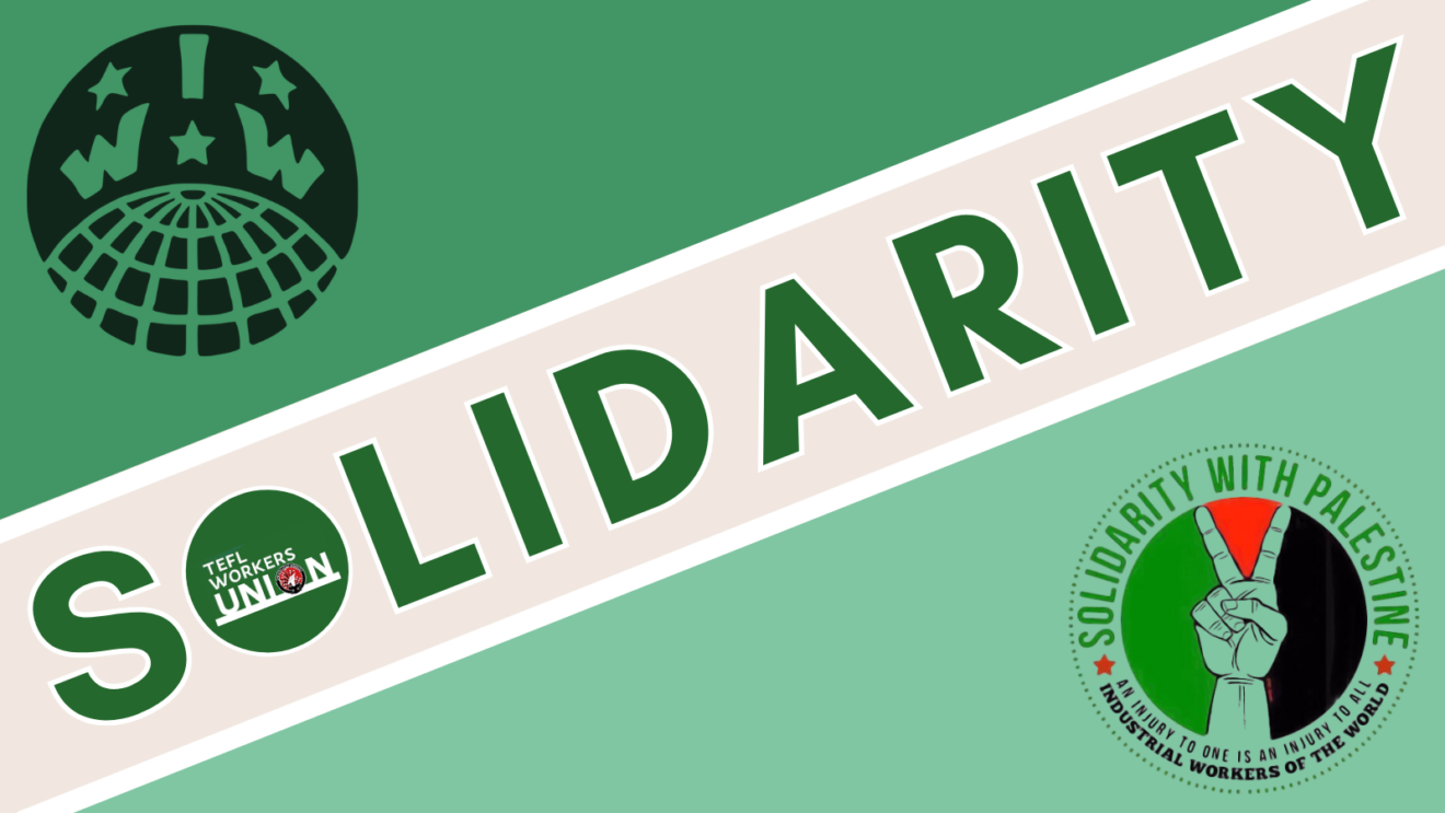 Image in shades of green reads "solidarity" diagonally. An IWW logo and a peace logo are in opposite corners